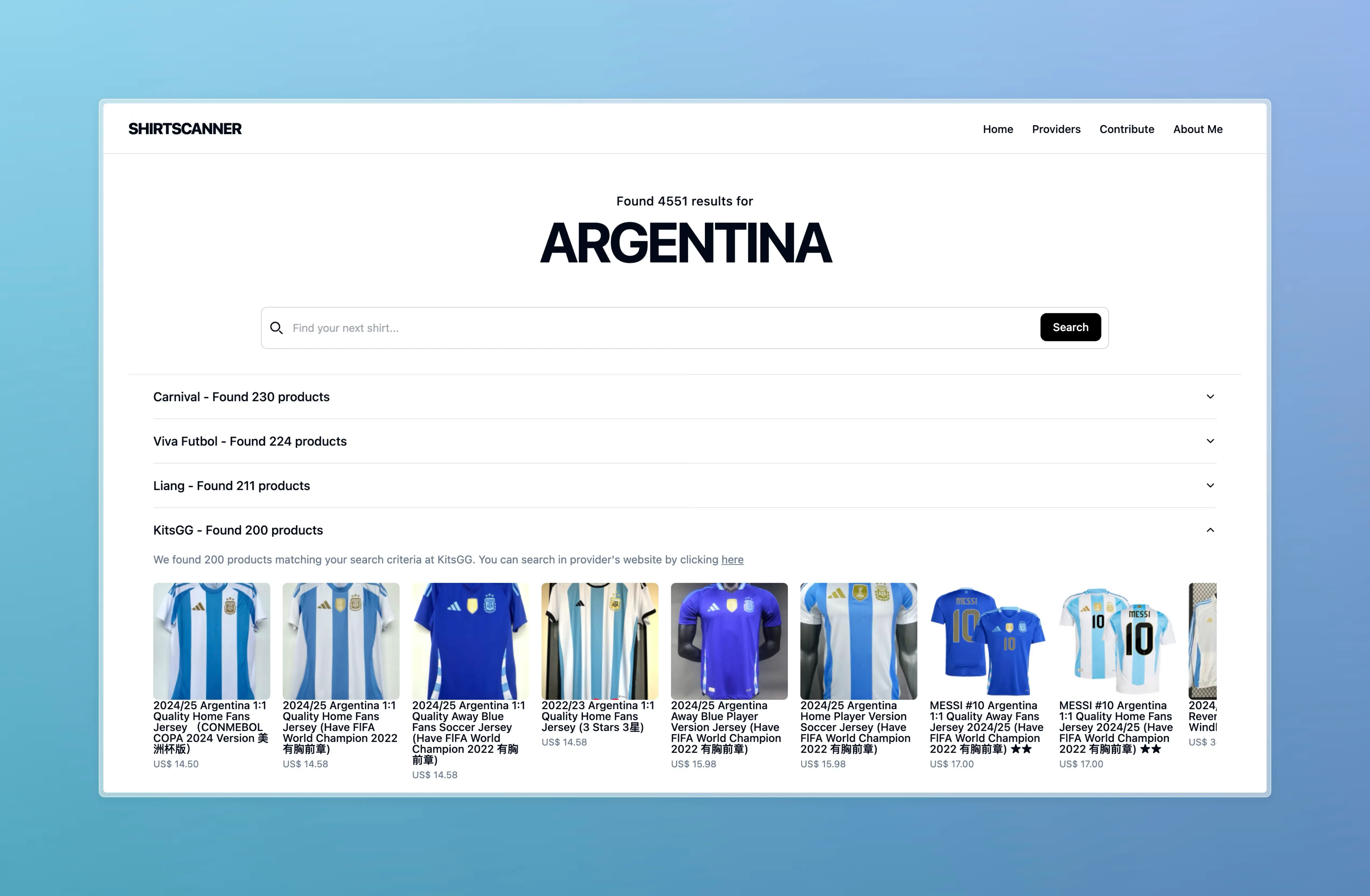 A screenshot of Shirtscanner's search page with results for the query Argentina